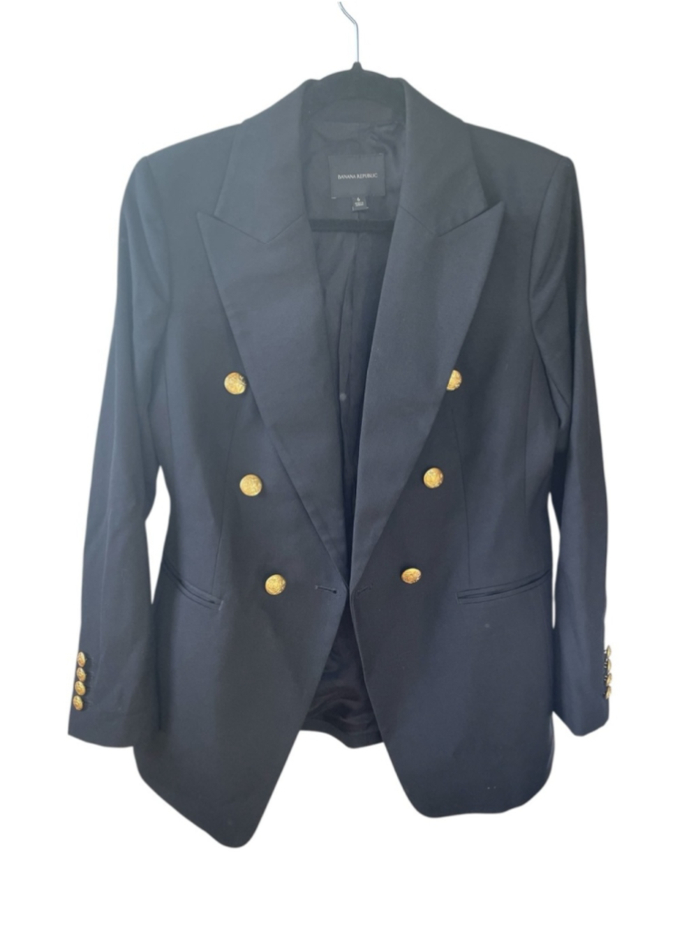 Banana Republic Black Double-Breasted Wool Captains Blazer with Gold Buttons 6
